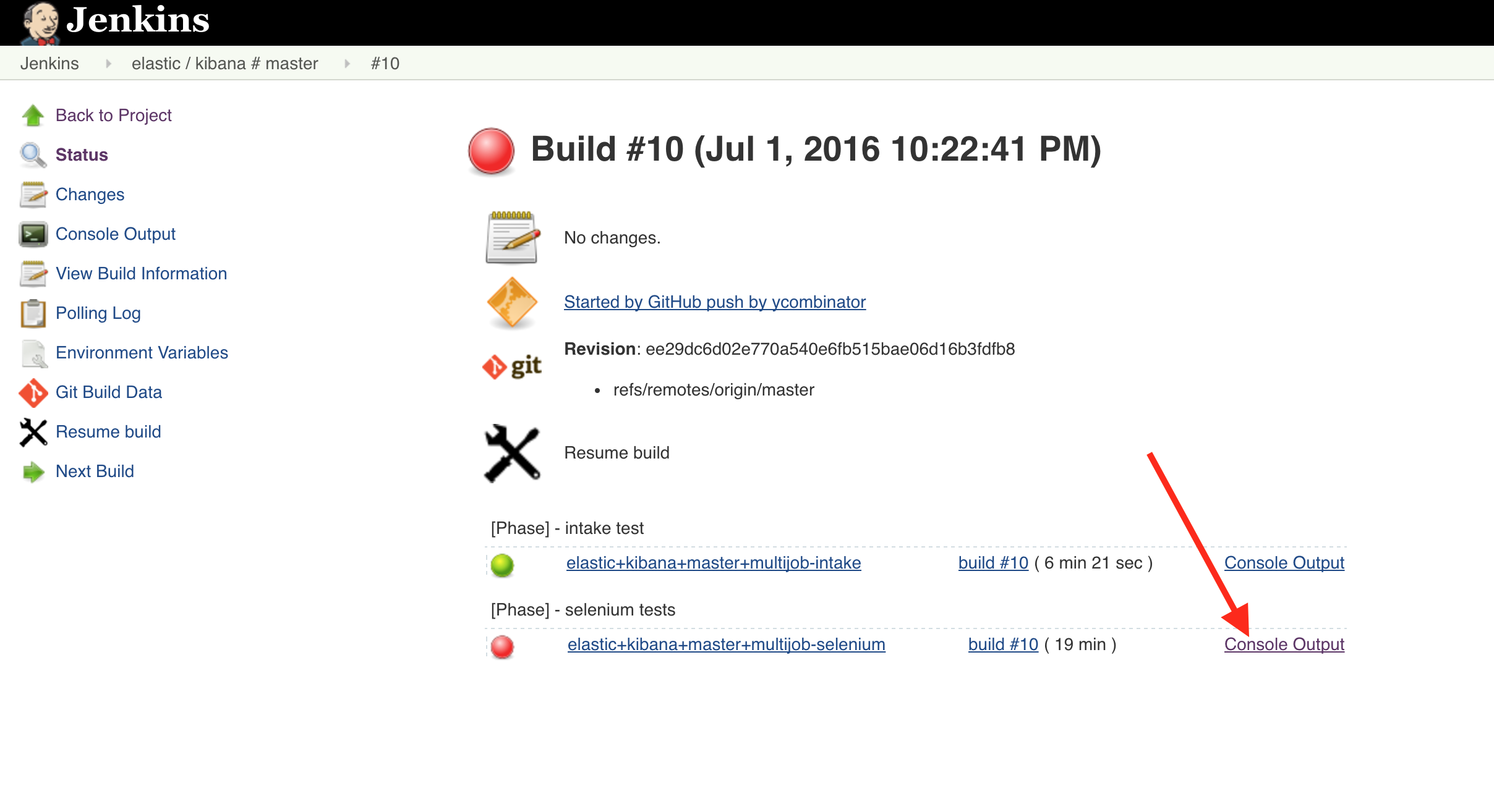 Build Page, pointing to Console Output link